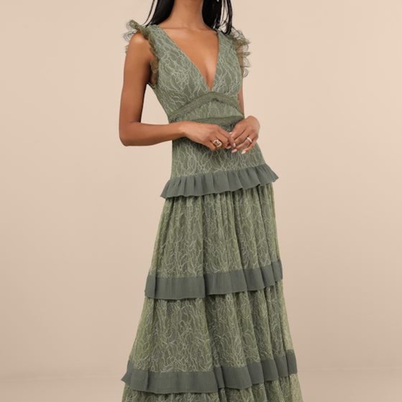 Lulus Dresses & Skirts - Lulus Marvelous Darling Olive Lace Ruffled Tiered Maxi Dress Green - Size L